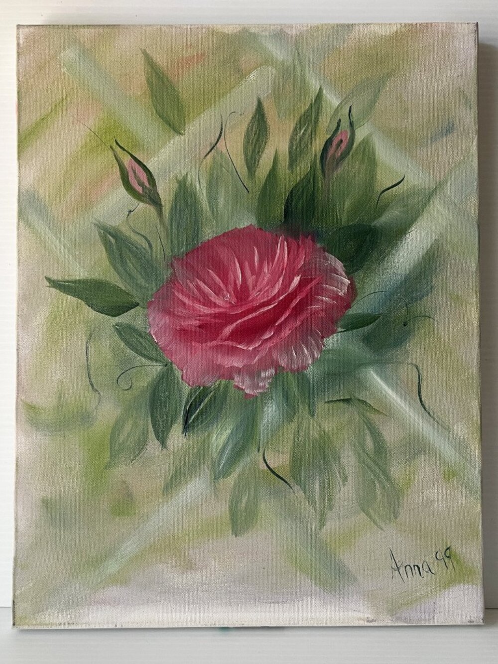 Vintage Original Rose Still Life Oil Painting Canvas Signed Anna 99
